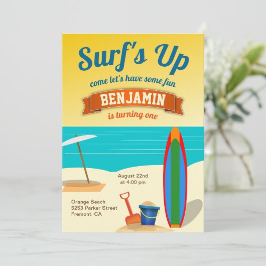 夏のビーチサーフィン誕生日パーティーの招待 招待状 (スタンド正面)