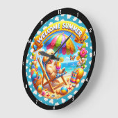 夏のビーチシーンリラックスの子犬 ラージ壁時計 (傾斜)