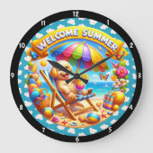 夏のビーチシーンリラックスの子犬 ラージ壁時計 (正面)