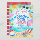 夏のビーチシーン ガールズビーチバッシュ 誕生日 招待状 (正面/裏面)