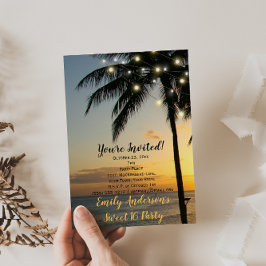 夏のビーチストリングライトサンセットスウィート16誕生日 招待状