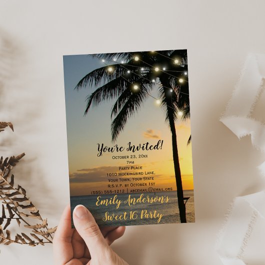 夏のビーチストリングライトサンセットスウィート16誕生日 招待状