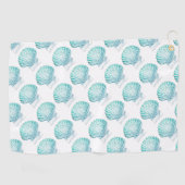 夏のビーチティール（緑がかった色）ブルーウォーター色のマーメイドシーシェル ゴルフタオル (横)