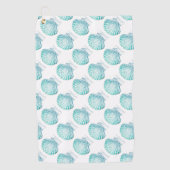 夏のビーチティール（緑がかった色）ブルーウォーター色のマーメイドシーシェル ゴルフタオル (正面)