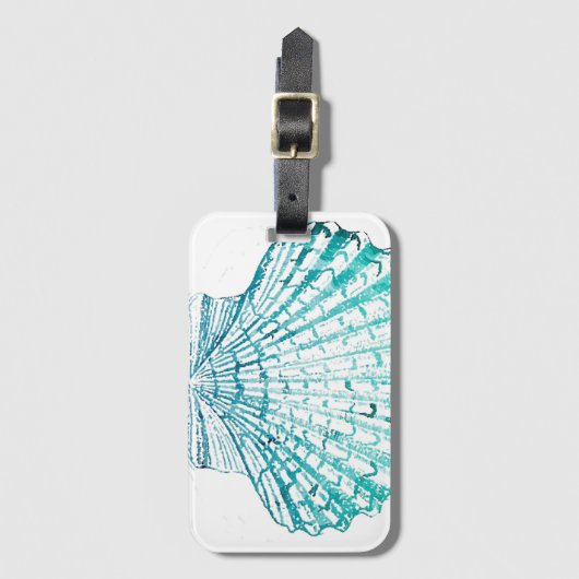 夏のビーチティール（緑がかった色）ブルーウォーター色のマーメイドシーシェル ラゲッジタグ (正面縦)