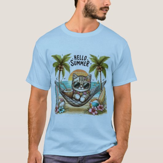 夏のビーチネコ Tシャツ (正面)