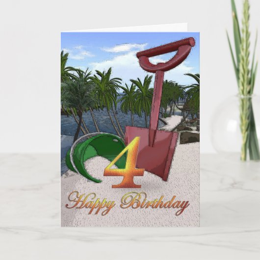 夏のビーチバケットハッピン4thバースデーパームツリー カード (正面)