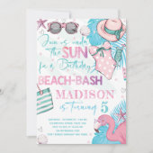 夏のビーチバースデーパーティーかわいいピンクターコイズ 招待状 (正面)