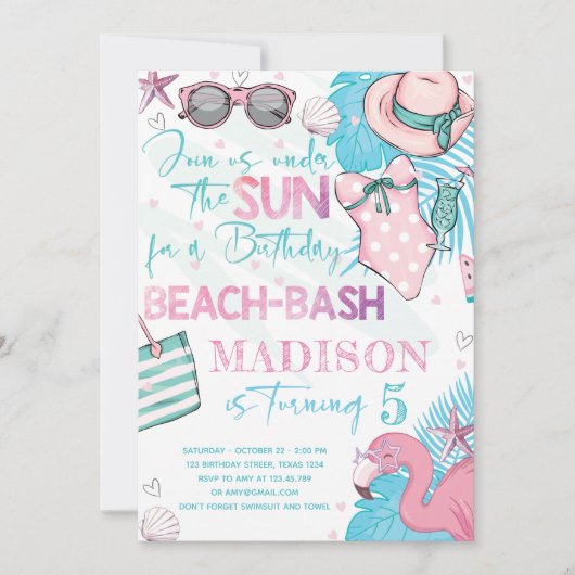 夏のビーチバースデーパーティーかわいいピンクターコイズ 招待状 (正面)