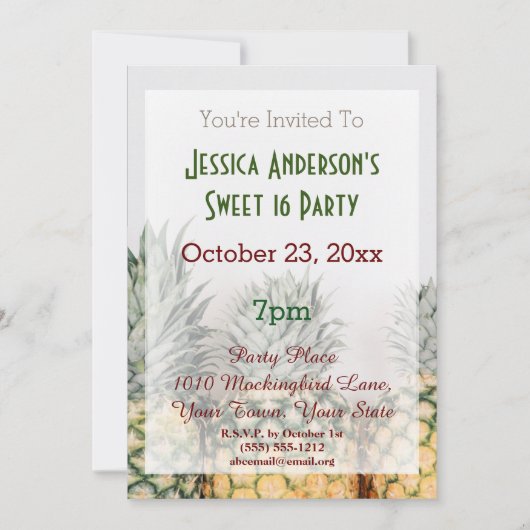 夏のビーチパイナップルトロピカルスイート16誕生日 招待状 (正面)