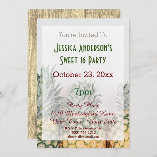 夏のビーチパイナップルトロピカルスイート16誕生日 招待状 (正面/裏面)