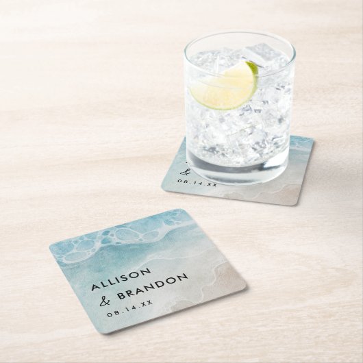 夏のビーチパーソナライズされた結婚の スクエアペーパーコースター (インサイチュ)