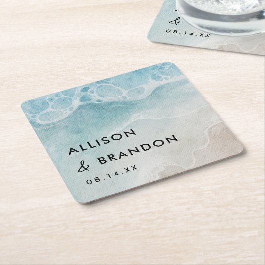夏のビーチパーソナライズされた結婚の スクエアペーパーコースター (アングル)