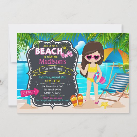 夏のビーチパーティー 熱帯の女の子の誕生日 招待状 (正面)