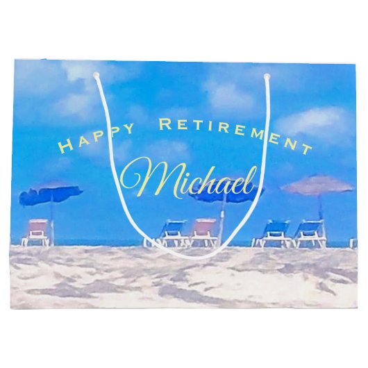 夏のビーチブルーホワイトハッピーリタイア ラージペーパーバッグ (裏面)