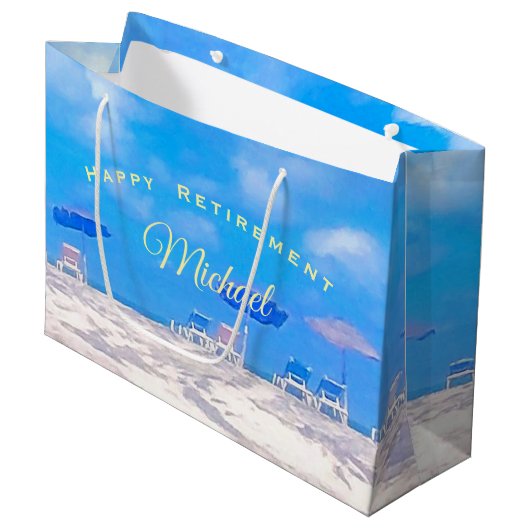 夏のビーチブルーホワイトハッピーリタイア ラージペーパーバッグ (正面アングル)