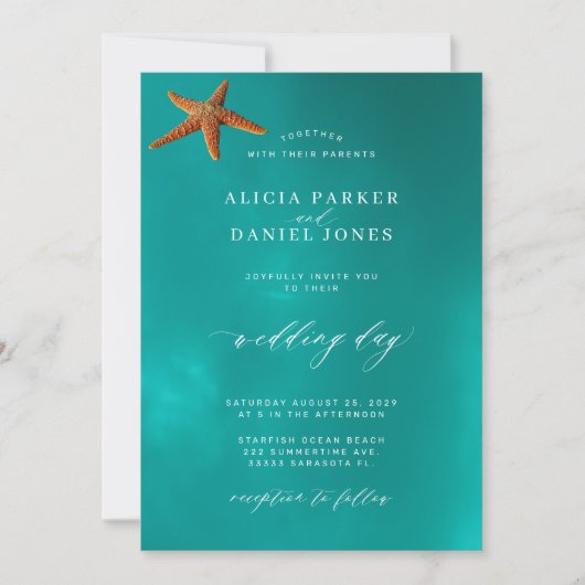 夏のビーチブルー海の目的地の結婚式 招待状 (正面)