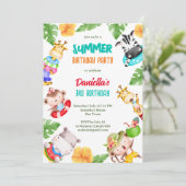 夏のビーチプール誕生日かわいい赤ちゃん動物 招待状 (スタンド正面)