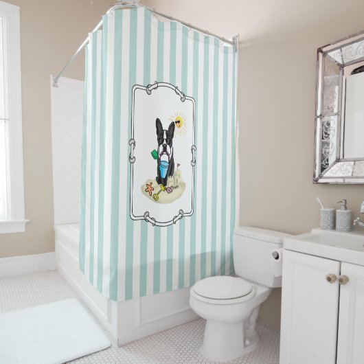 夏のビーチボストンテリア(黒) – かわいい犬 シャワーカーテン (インサイチュ)