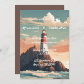 夏のビーチライトハウス水結婚色のインビタット 招待状 (正面/裏面)