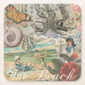 夏のビーチヴィンテージタコアンティーク スクエアペーパーコースター (正面)
