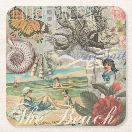 夏のビーチヴィンテージタコアンティーク スクエアペーパーコースター (正面)