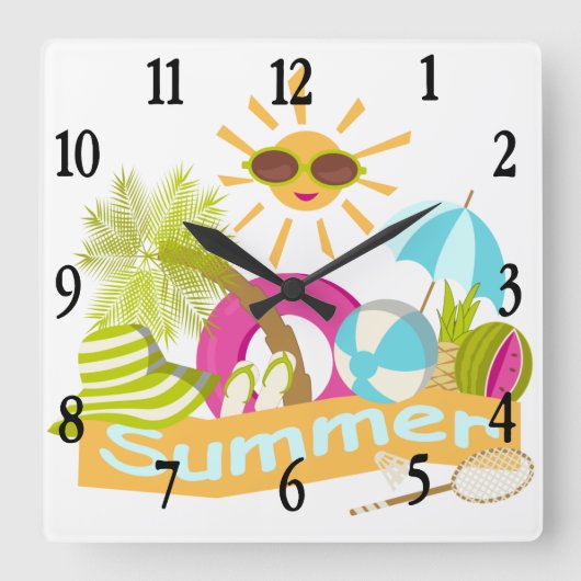夏のビーチ休暇サングラスに笑顔の太陽 スクエア壁時計 (正面)