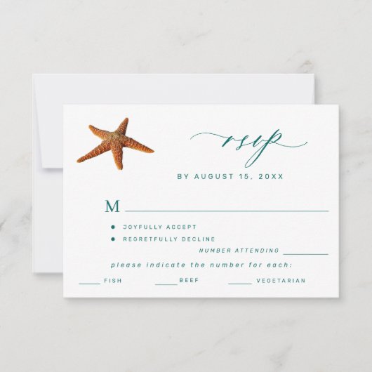 夏のビーチ先ウェディングメニューの選択RSVP 出欠カード (正面)