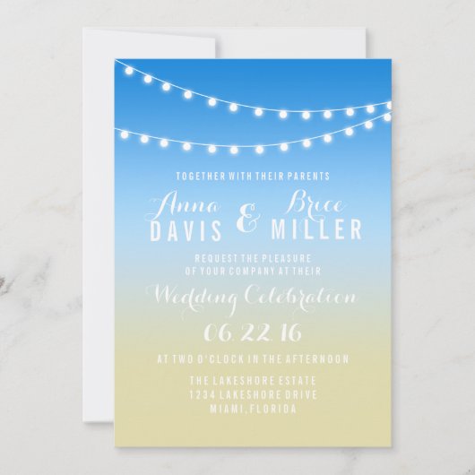 夏のビーチ文字列ライトウェディングの招待 招待状 (正面)