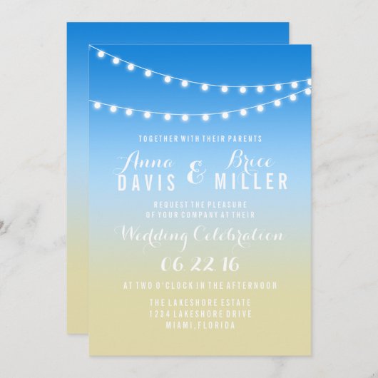 夏のビーチ文字列ライトウェディングの招待 招待状 (正面/裏面)