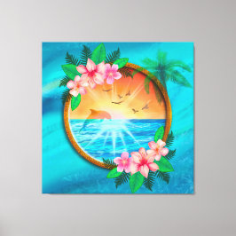 夏のビーチ海の鳥は空に飛び、虫の日当たりの良い キャンバスプリント