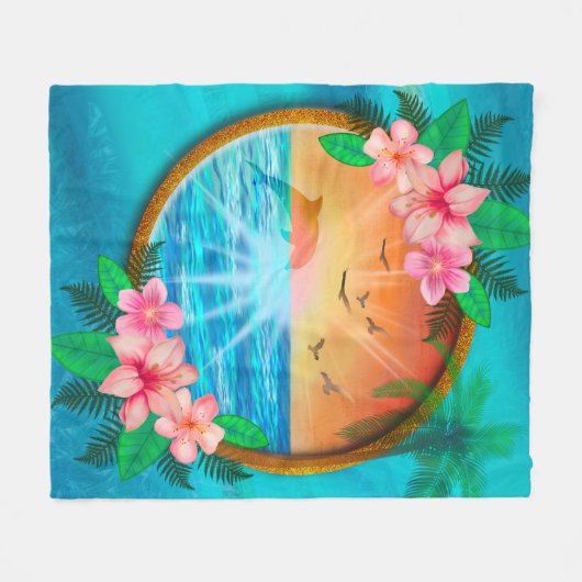 夏のビーチ海の鳥は空に飛び、虫の日当たりの良い フリースブランケット (正面(横))