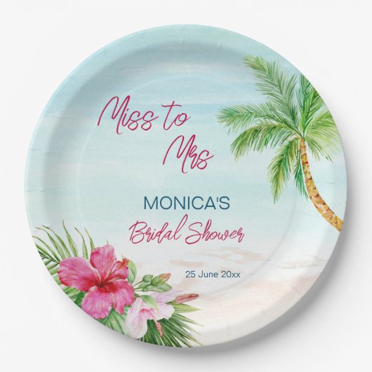 夏のビーチ熱帯ブライダルシャワー印刷 ペーパープレート (正面)