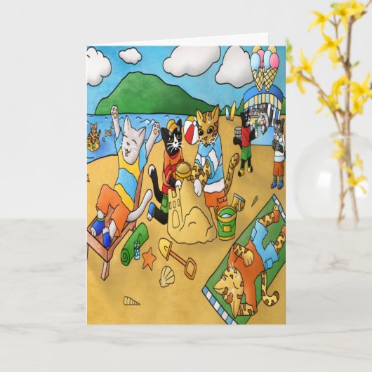 夏のビーチ猫 カード (黄色い花)