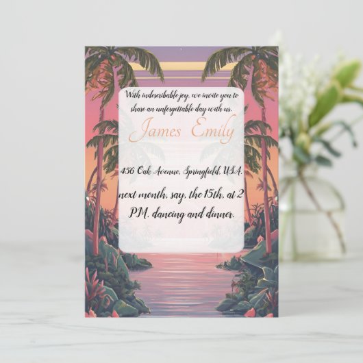 夏のビーチ素朴の水の色をテーマ結婚にした 招待状 (スタンド正面)