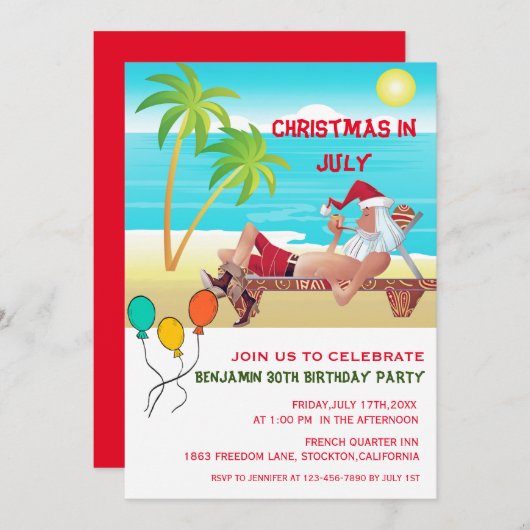 夏のビーチ誕生会7月のクリスマス 招待状 (正面/裏面)