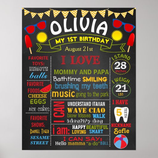 夏のビーチ誕生日パーティーchalkboardベビーガール ポスター (正面)