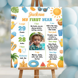 夏のビーチ1歳の誕生日パーティーの記念撮影 ポスター