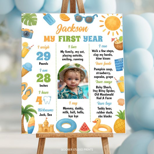 夏のビーチ1歳の誕生日パーティーの記念撮影 ポスター