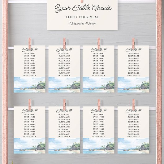 夏のビーチ ウォーターカラー結婚式 テーブル席札 招待状