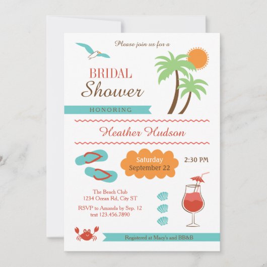 夏のビーチ ブライダルシャワーの招待状 招待状 (正面)