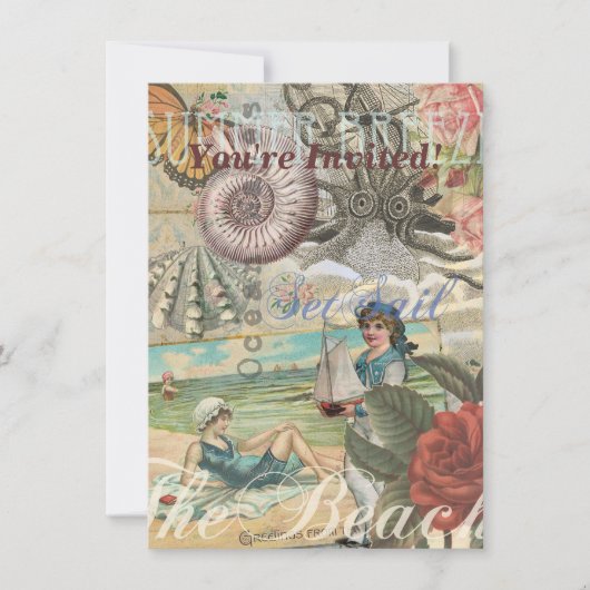 夏のビーチ ヴィンテージ タコ 骨董 帆船 招待状 (正面)
