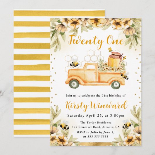 夏のビートラック&ひまわり21歳の誕生日 招待状 (正面/裏面)