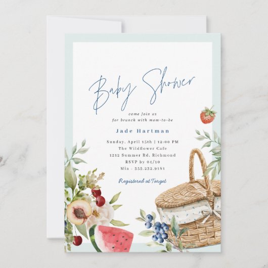 夏のピクニック | かわいいブルーボーイベビーシャワーブランチ 招待状 (正面)