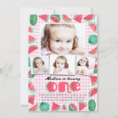 夏のピンクとグリーンの1歳誕生日スイカ 招待状 (正面)