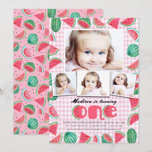 夏のピンクとグリーンの1歳誕生日スイカ 招待状 (正面/裏面)