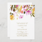 夏のピンクと黄色のフローラ水色 招待状 (正面/裏面)