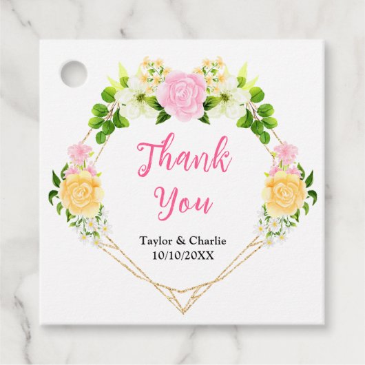 夏のピンクと黄色のフローラ結婚の感謝 フェイバータグ (正面)