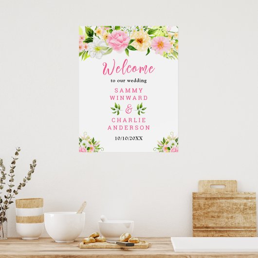夏のピンクと黄色のフローラ結婚の歓迎サイン ポスター (キッチン)