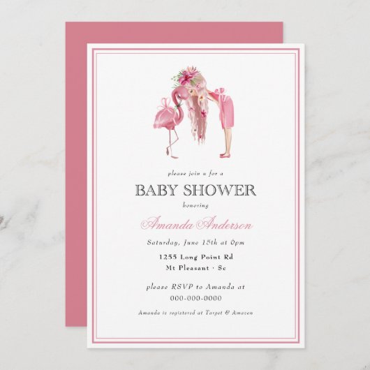 夏のピンクのフラミンゴ女モダンの子のベビーシャワー 招待状 (正面/裏面)